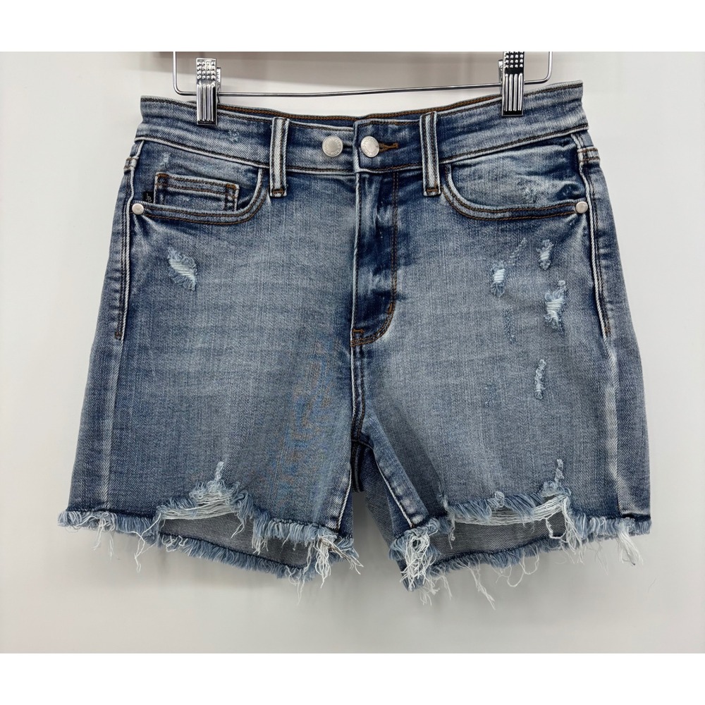 Judy Blue High Rise Adjustable Button Cutoff Shorts Size M Blue Distressed
